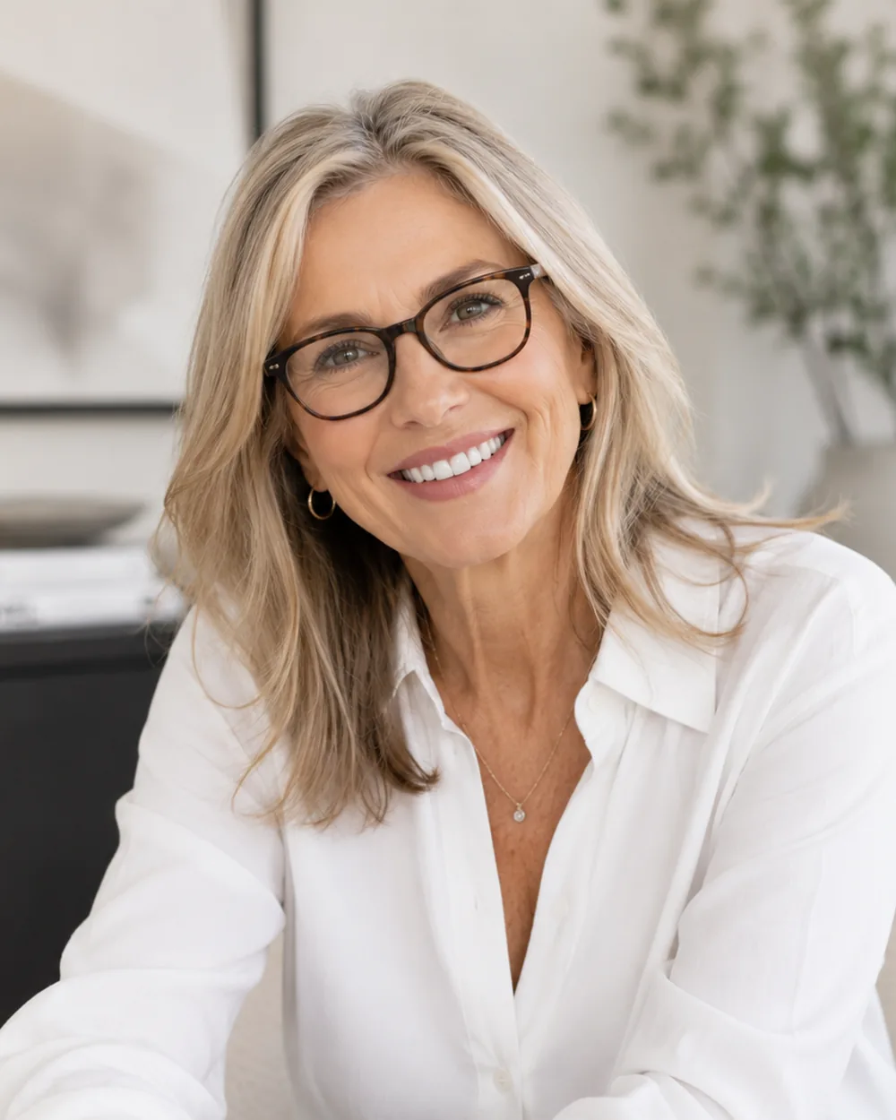 Smiling older woman in glasses at home
