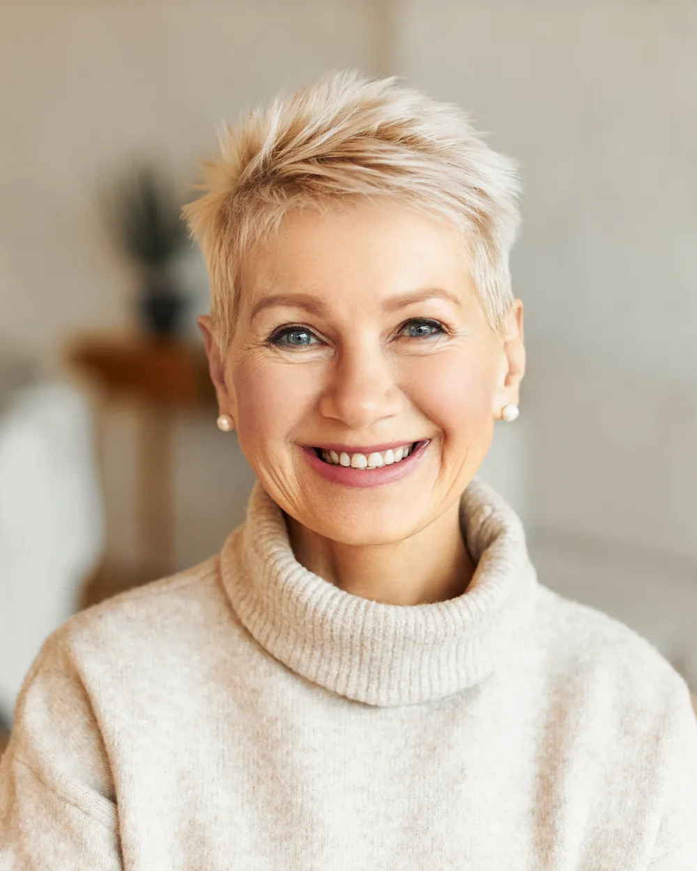 Smiling woman seated in a restful bedroom setting