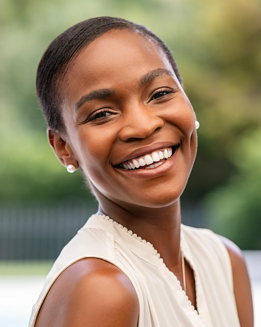 Smiling woman outdoors in a white top