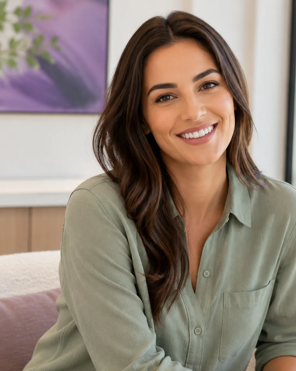 Relaxed woman seated in a calm, comfortable room
