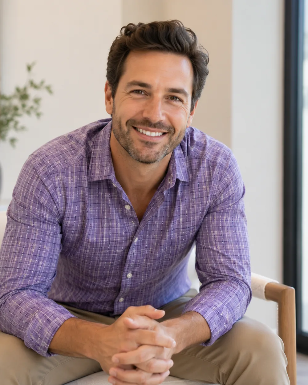 Smiling man in a purple shirt seated indoors
